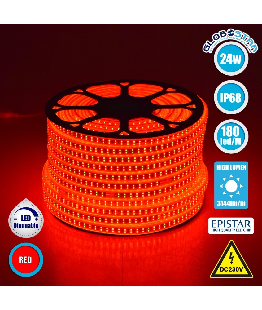 GLOBOSTAR® EPIWIDE 70514 Ταινία LED 24W-m 1560lm-m 120° DC 220-240V Αδιάβροχη IP65 180 x SMD2835 Chip-m Κόκκινο Dimmable - Epistar SMD Chip - M100 x Π1.6 x Υ0.7cm - 3 Χρόνια Εγγύηση